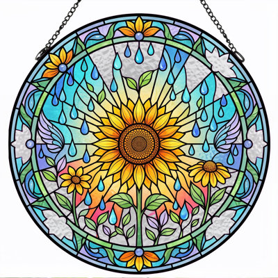 Sunflower Rain Stained Glass Window Panel，7.8H