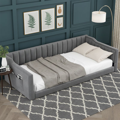 Twin XL Upholstered Daybed with Side Storage Pocket - 87" Wide Velvet Sofa Bed with Sloped Arms