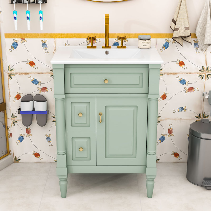 Meuble-lavabo autoportant avec lavabo, rangement réglable, Vert