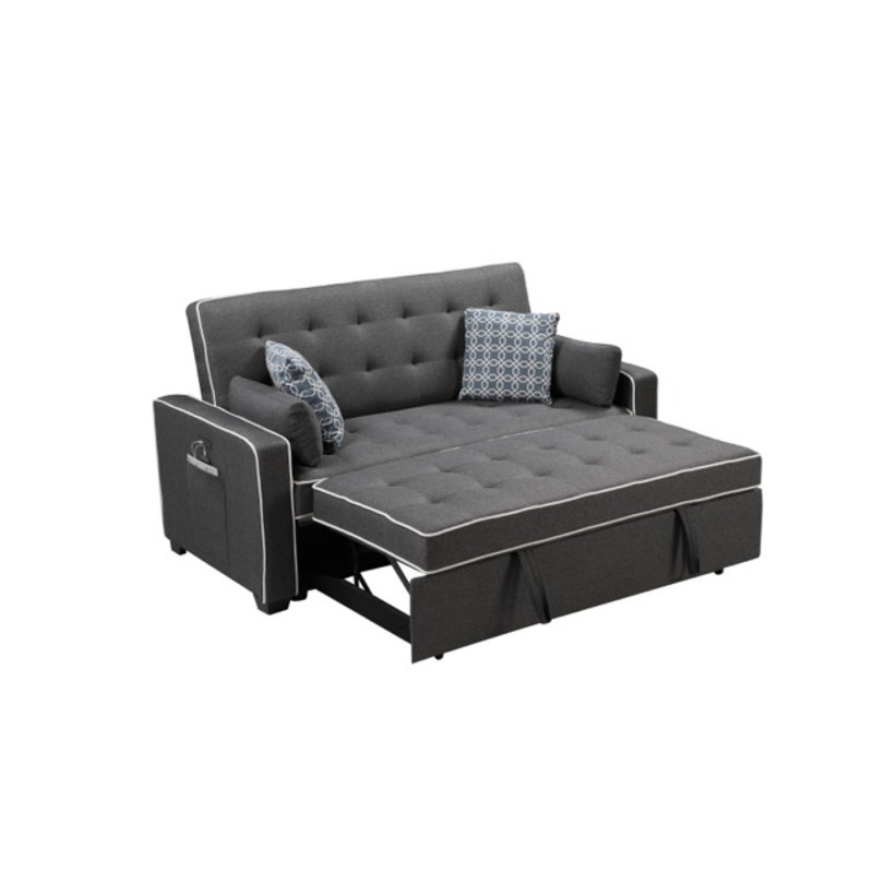 Canapé-lit moderne en tissu gris 70 po avec 2 ports de chargement USB et 4 coussins décoratifs Modern