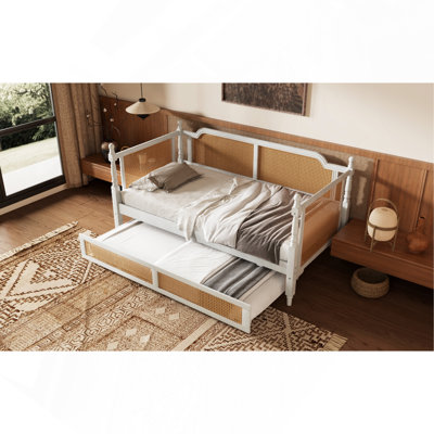 Traditional Style Rattan Twin Size Daybed with Twin Size Trundle for Limited Space, Guest Room, No Box Spring Needed,Antique White