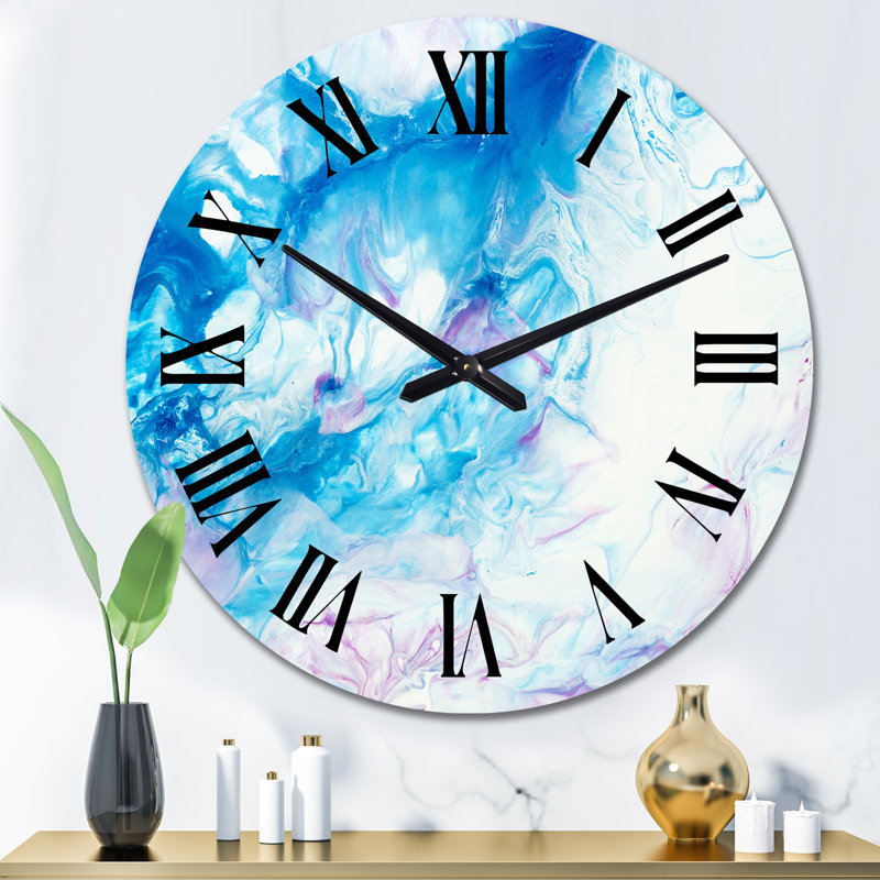 Rose et encre bleue, art liquide - horloge murale moderne, Moyen