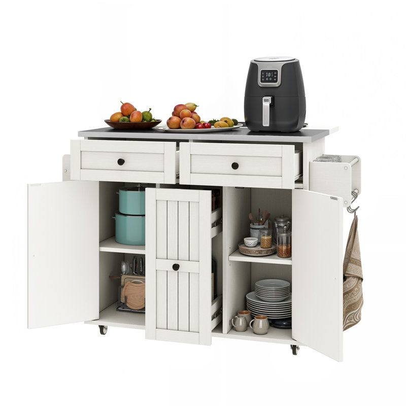 39.4'' W Kitchen Island On Wheels with Drop Leaf, White