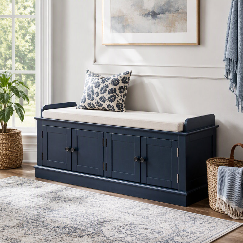 Banc de rangement avec 4 portes et tablettes réglables, Bleu marine antique