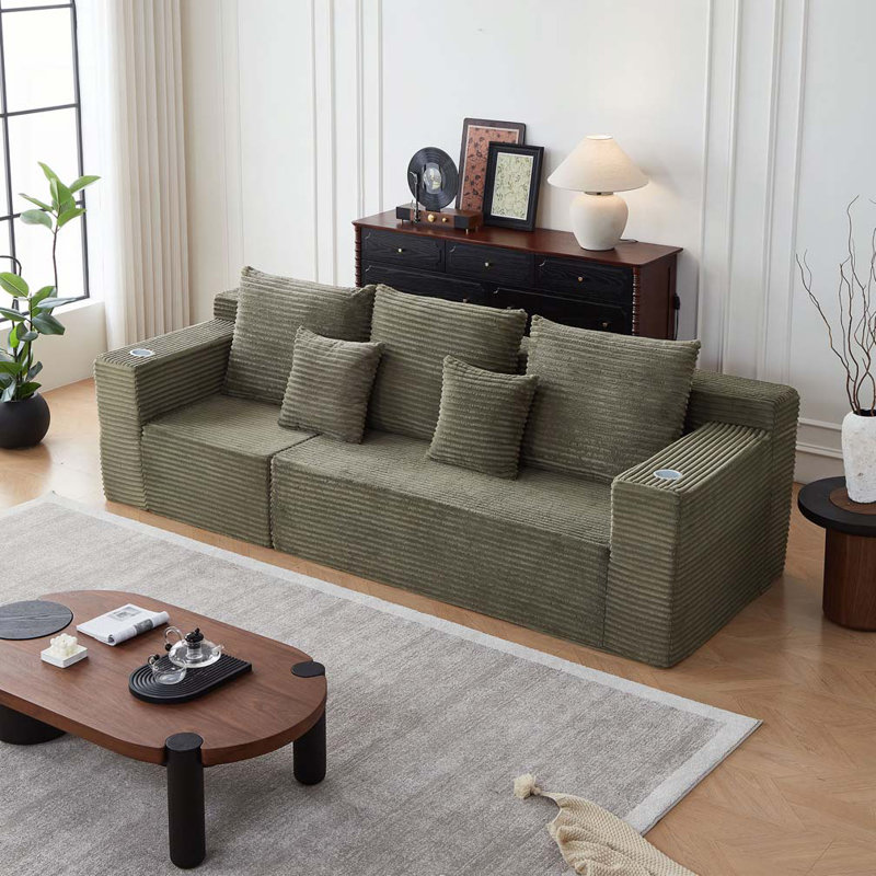 Canapé modulaire profond en velours côtelé avec porte-gobelets, aucun assemblage requis, Vert