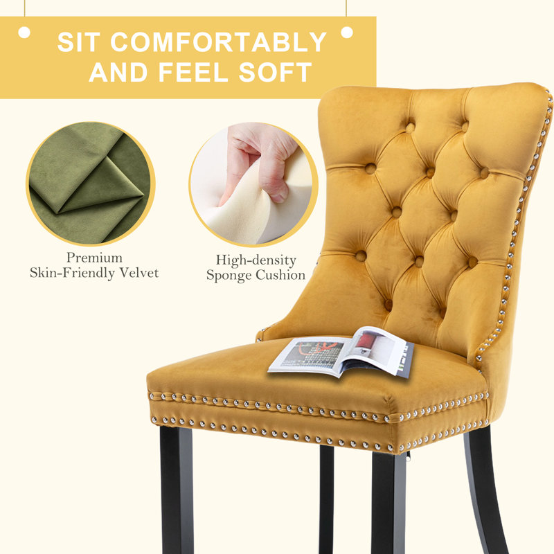 Modern Tufted Velvet Nailhead Upholstered Dining Chairs(Set Of 12), Yellow/Black Leg