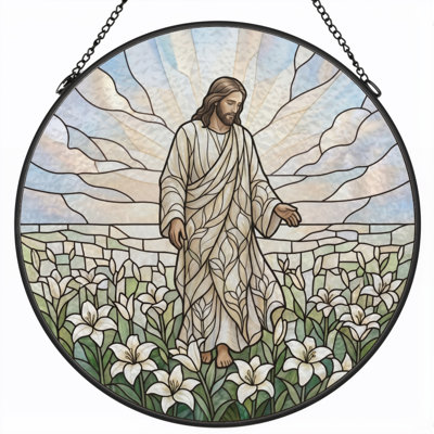 Jesus Walking Stained Glass Window Panel，7.8H