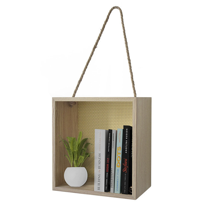 Rattan Style Wood Wall Shelf with Rope