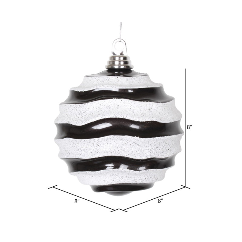 Ornement de Noël boule rayée et scintillante, H 8 po x l 8 po x P 8 po, Noir / Blanc