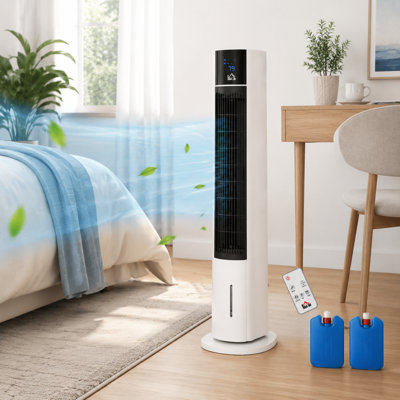 Ventilateur à tour oscillant évaporatif 3 en 1 (107 cm) avec humidificateur et compartiments à glace, minuterie 12 h, 3 vitesses, affichage DEL et télécommande, blanc. Parfait pour la maison et le bureau.