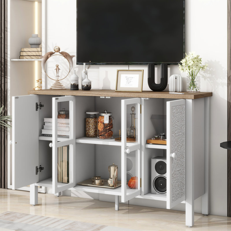 Meuble audio-vidéo de style rétro de 47,2 po, compatible avec les téléviseurs de 43 po, 3 armoires, portes en verre, pratique et orné