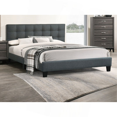 Modern 1Pc Bed Charcoal Polyfiber Tufted Headboard Platform Bedframe Bedroom Furniture