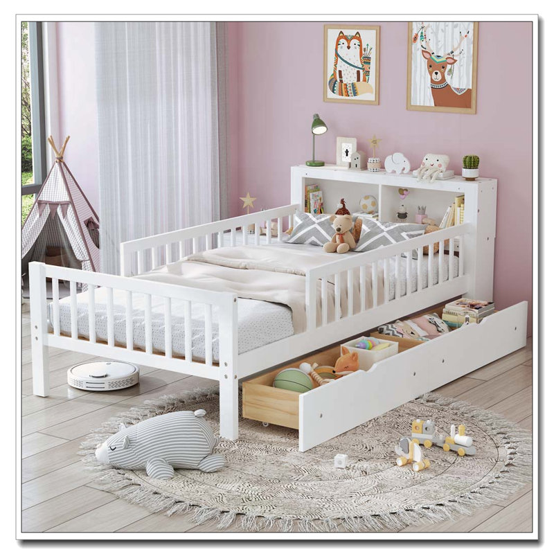 Lit simple avec support de rangement pour tête de lit, 2 tiroirs et garde-corps à 3 côtés, blanc, Blanc