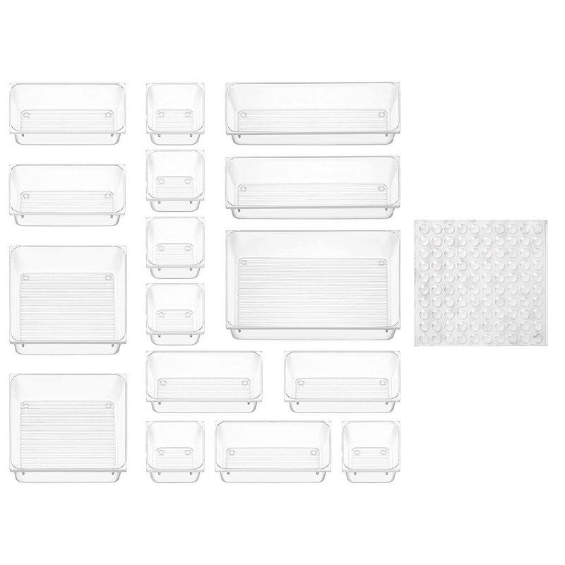 16Pcs Clear Drawer Storage Plastic Stackable Drawer Trays Anti-Slip Dividers Organizers