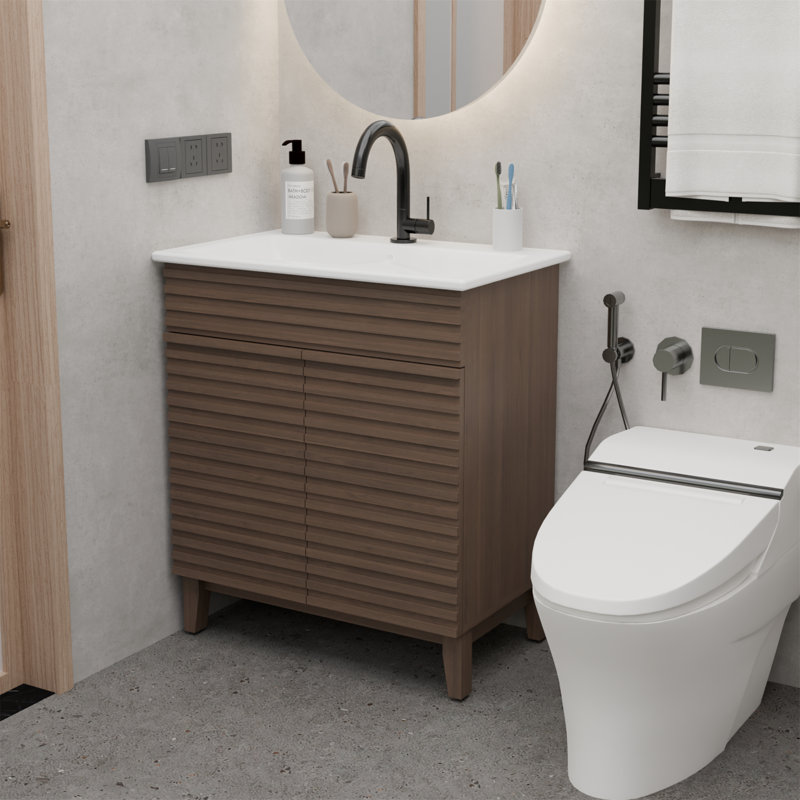 Meuble-lavabo de salle de bain avec lavabo 30 po, brun avec portes persiennes
