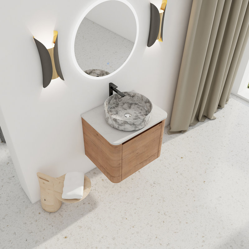 Meuble-lavabo mural moderne avec lavabo d'art en céramique et porte à fermeture en douceur, 24", Blanc / Gris