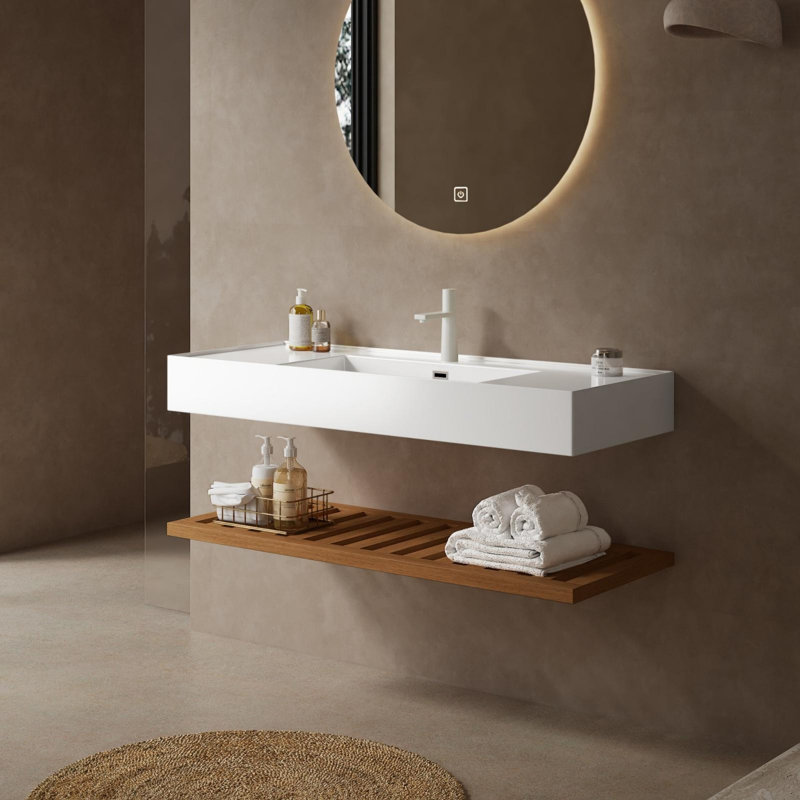 Meuble-lavabo de salle de bain avec lavabo, lavabo mural intégré flottant, Noyer, 47"