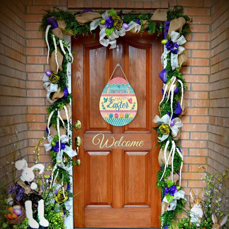 Plaque de porte colorée de joyeuses Pâques, œuf de Pâques en bois, décoration de lapin de Pâques, affiche murale suspendue pour des cadeaux de Pâques
