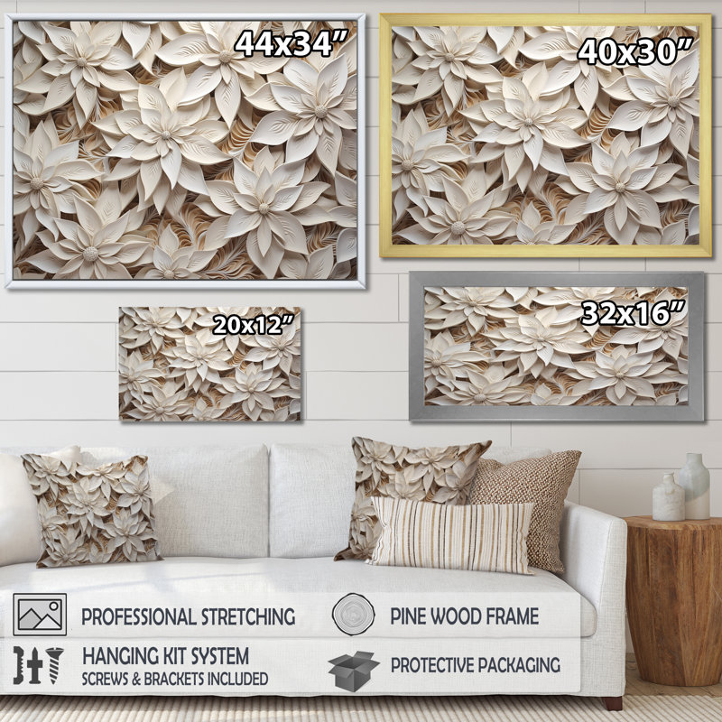 Beige poinsettia sérénade - décoration murale poinsettias, H 16 po x l 32 po x P 1 po, Cadre flottant noir