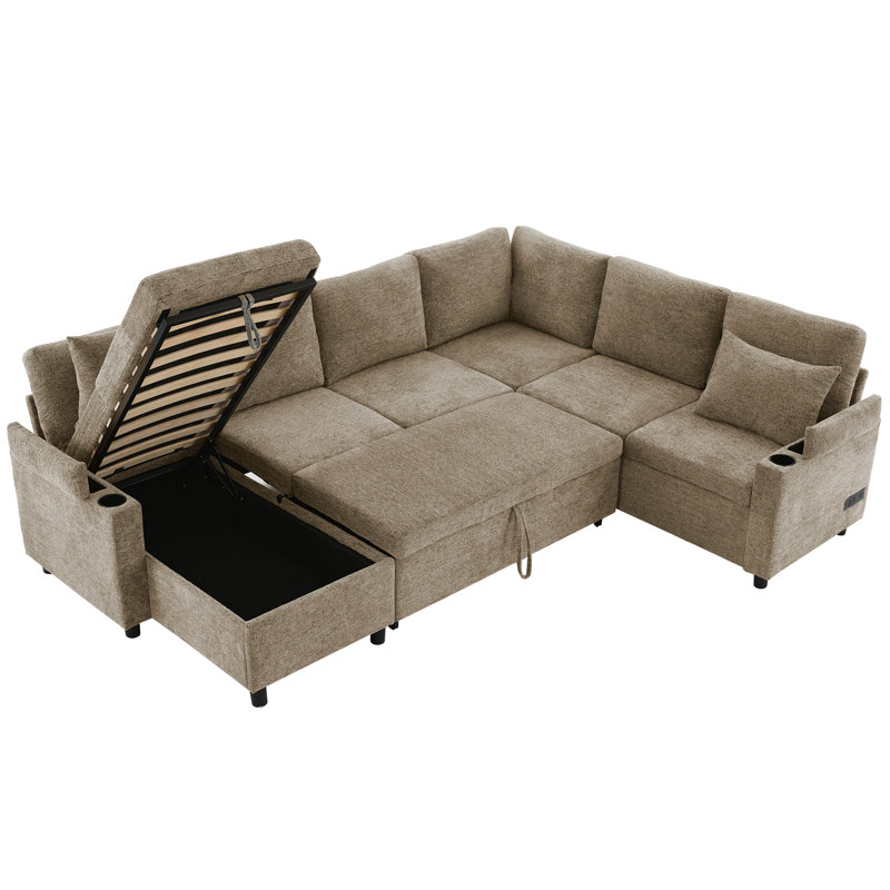 Canapé modulaire Canapé-lit polyvalent Canapé-lit en forme de U avec un grand espace de rangement, deux porte-gobelets et des ports de chargement pour le salon