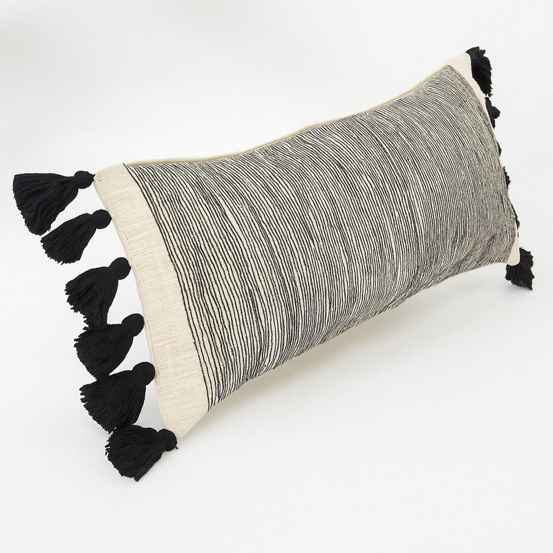 Contemporary Striped Tasseled Cotton Lumbar Pillow