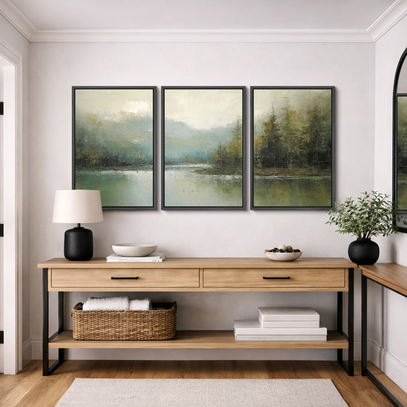 Abstract Landscape "Earthy Neutral Green Woodland Artwork, Serene Nature Lake Decor Wall Pictures, Framed Canvas Giclée Print 3 Pieces Wall Art"