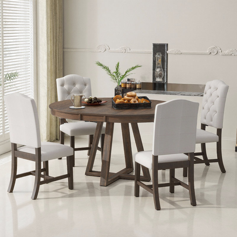 Ensemble de salle à manger 5 pièces avec table ronde extensible et 4 chaises rembourrées, Brun