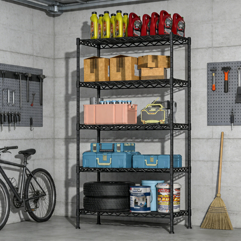Tablette en métal robuste à 5 niveaux, capacité de 1250 lb, tablettes réglables de H 71,9 po, unité de rangement en métal noir pour garage de cuisine (l 36 po x P 14 po)