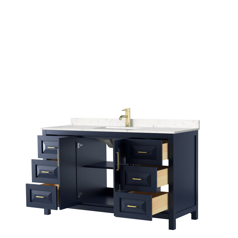 Daria 60'' W Single Vanity, Dark Blue, Carrara Cultured Marble, Brushed Gold