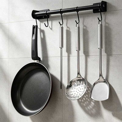 16 Inch Wall Mount Kitchen Pot Rack with 6 Hooks, Black Metal Utensil Organizer, Space Saving Cookware Storage Hanger for Home, Garage, Bathroom