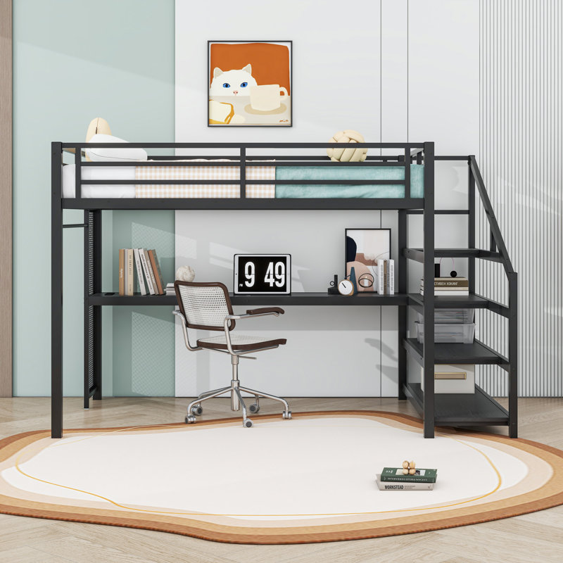 Queen Loft Bed With Desk, Storage Staircase, LED Lighting And Charging Station
