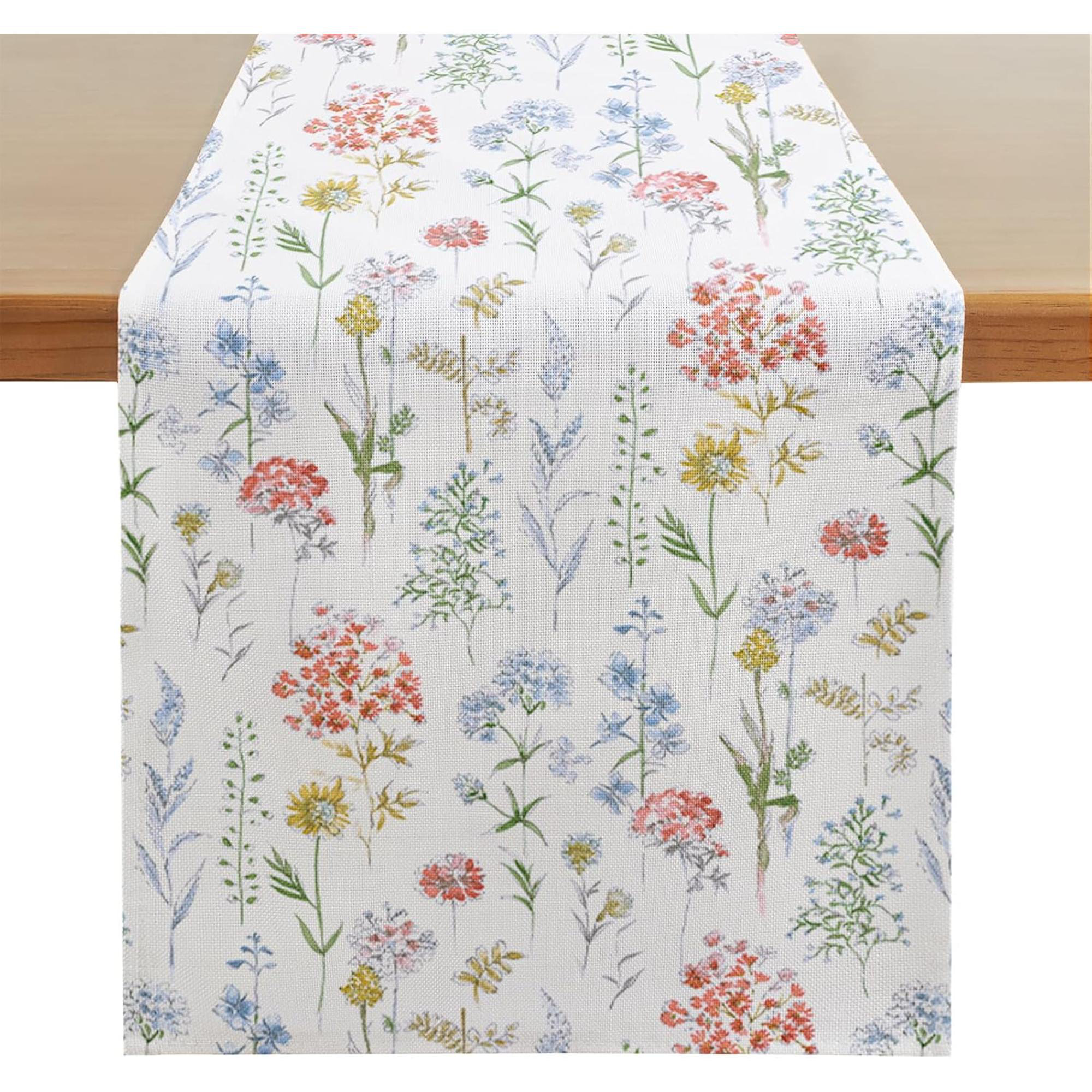 Bungalow Rose Floral Leaves Spring Table Runner Easter Summer Kitchen Dining Table Decor, Seasonal Holiday