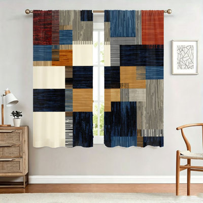 2 pièces de rideaux en patchwork géométrique abstrait, conception artistique moderne, panneaux obscurcissant et d'intimité, passe-tringle pour le salon, la chambre et le balcon