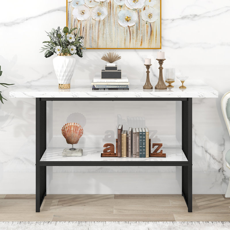 Table console très longue de 63 po avec 2 tablettes de rangement Giammarco, entrée étroite et moderne avec cadre en métal pour le salon, le vestibule, le couloir, blanc et noir