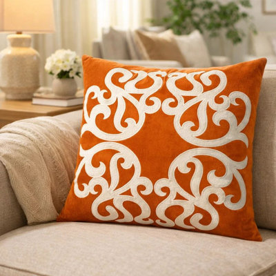 Dery Throw Pillow, Vintage Vine Accented Orange Velvet, 20 Inch Square