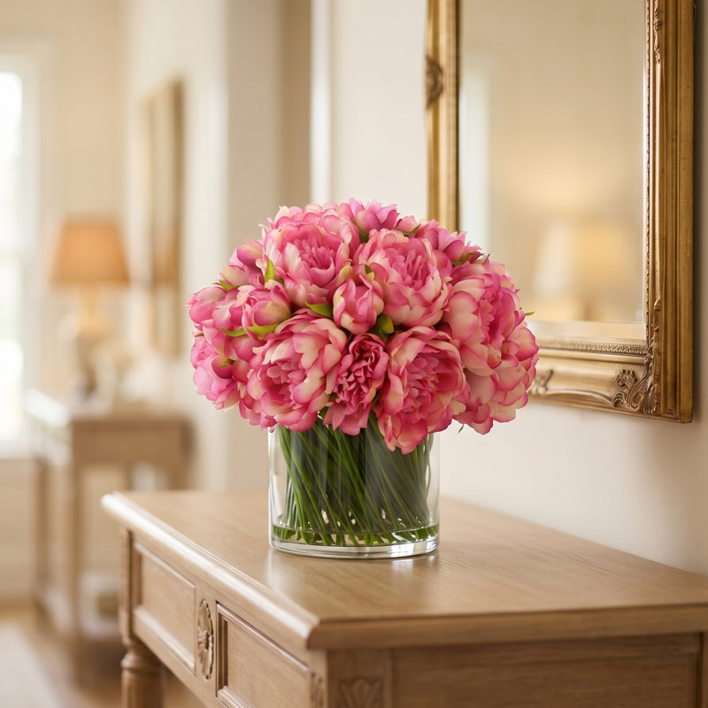 Peony Arrangement in Glass Vase with Grass, Pink Fuchsia