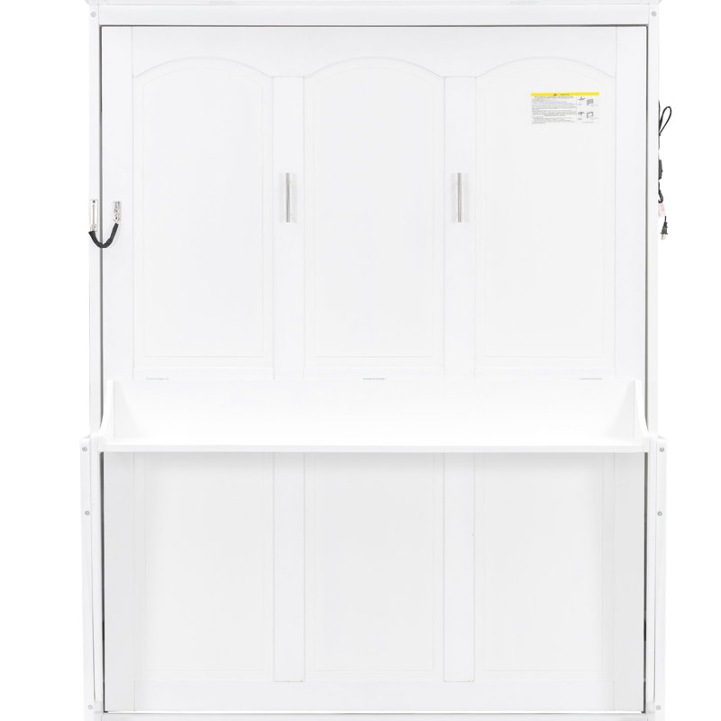 Grand lit blanc avec bureau et lumières à DEL, station de charge, peu d'espace pour une superficie limitée, pliable, bureau de matériaux de qualité, ports de lumières, solution, rebond,