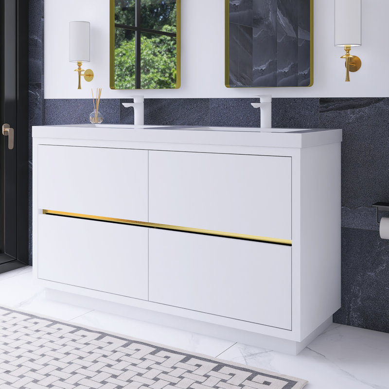 60 po Meuble-lavabo autoportant à double cuve, Blanc lustré
