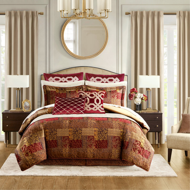 Ensemble d'édredon 4 pièces luxueux avec motif jacquard pour les grandes chambres élégantes et confortables, Look rouge rétro