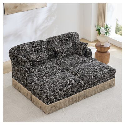 Comfy Chenille Leopard Print Modular Loveseat Sofa with Ottoman - Elegant Tassel Edge, Deep Seat Sectional Couch for Living Room