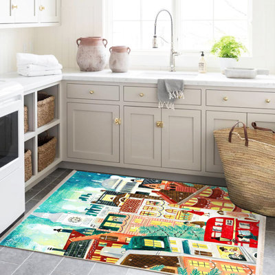 Barcelona Collection Cartoonist-Themed Winter Night City Patterned Modern Decorative Rug