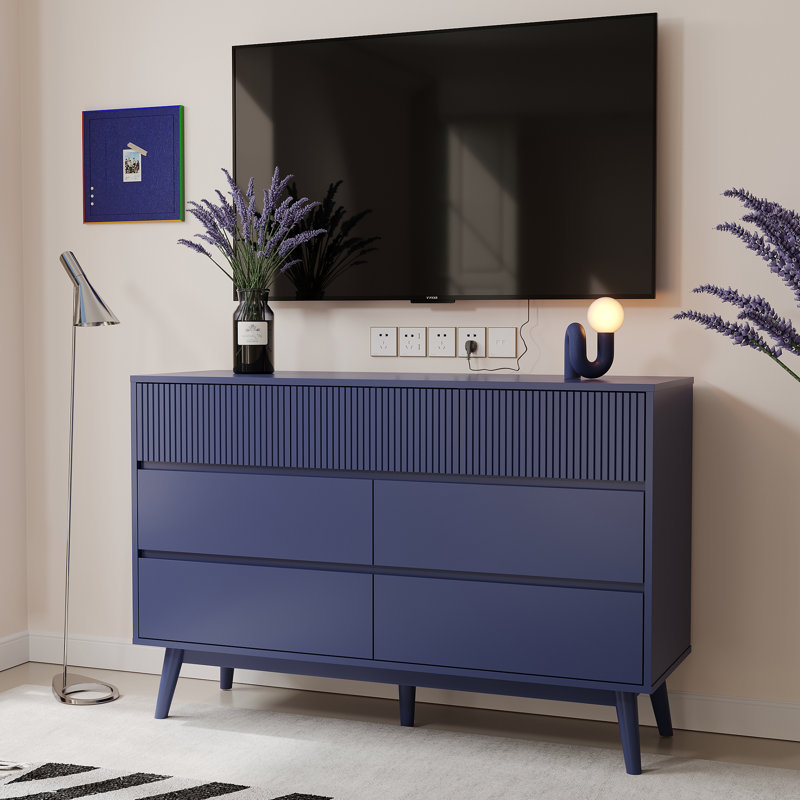 Wood 7-Drawer Dresser - Striped Surface & Pull-Free Drawers, Marine