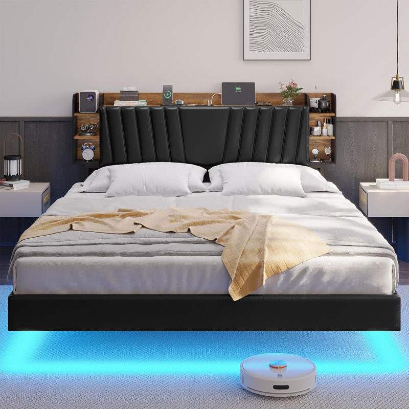 California King Floating Led Bed Frame With Hidden Storage Headboard And Charging Station Cal King Size Visual Floating Platform Bed With Led Lights,no Box Spring Needed,black+rustic