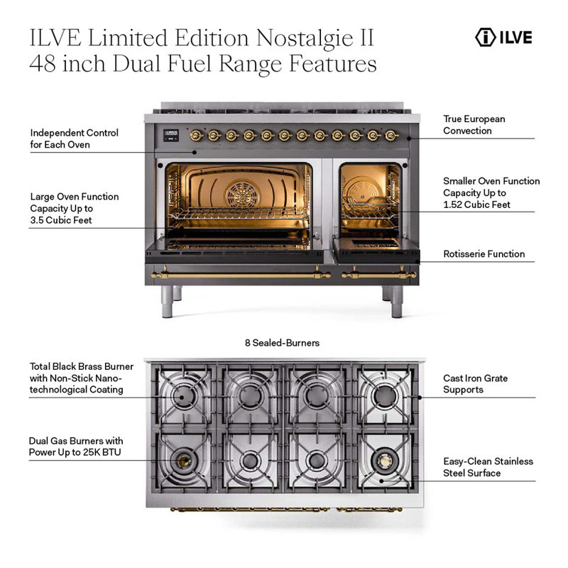 ILVE UPD406NMP Nostalgie II 40 inch Dual Fuel Range with 6 Total Black Brass Burners (Limited Edition), Natural Gas