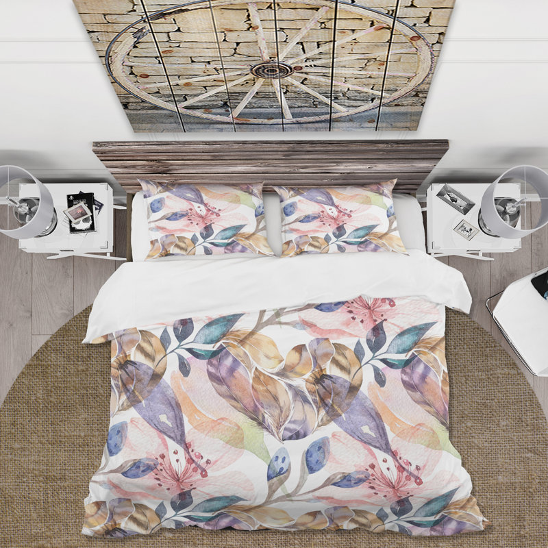 Boho rose et bleu fleurs - ensemble de housse de couette Cottage - microfibre de polyester, Beige