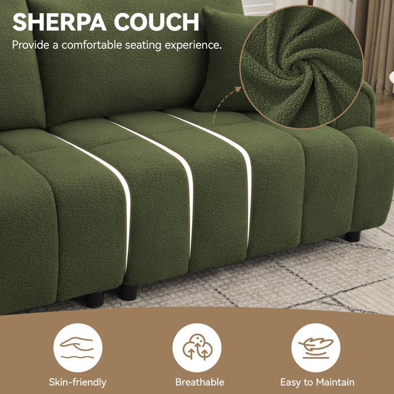 88.6" Wide Modern Sherpa Sofa, Plush Fleece Fabric Couch For Living Room, Green