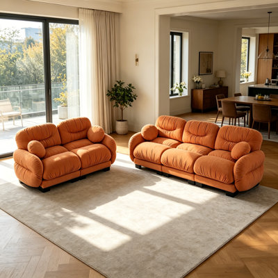 Chenille Loveseat And Three-Seater Modular Sofas, Featuring High-Density Ergonomic Foam Cushions And Round Decorative Pillows, Ideal For Living Rooms, Reception Areas, And Offices