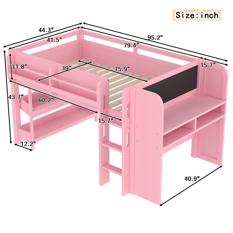 Twin Loft Bed with Desk, Storage Bookcases, Drawers & Blackboard, Solid Wood Kids Loft Bed, Pink, Twin, Pink