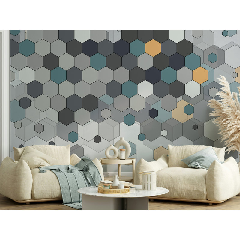 Papier peint géométrique moderne hexagonal gris sarcelle, L 50 po x l 75 po