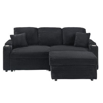 80-inch Corduroy With Pull-out Chaise Lounge, Cup Holder, Pillow, Black, Quick Assembly 3 Black Folding , Soft Touch, Adapt To Living Room
